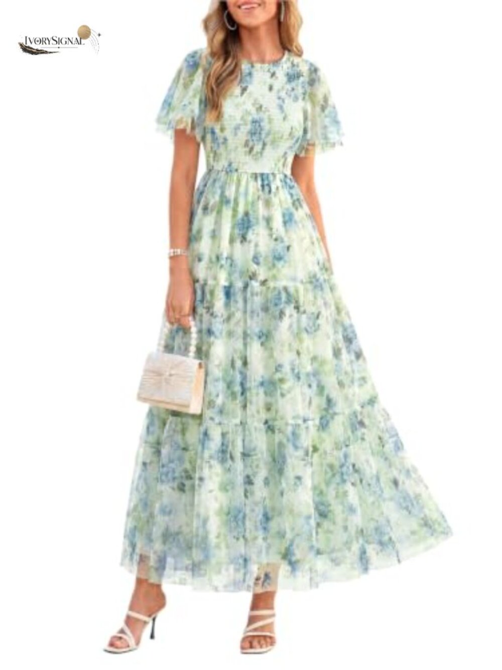 Women Tulle Floral Flowy Maxi Dress Semi Formal Flutter Sleeve A-Line